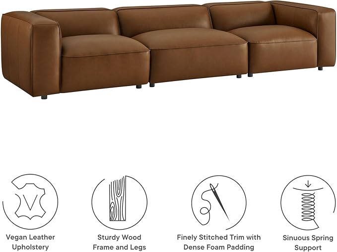 Modway Auren Vegan Leather 3 Piece Modular Sofa in Coffee - Faux Leather 3 Seater Couch - Comfy Mid Century Modern PU Leather Sofa for Living Room, Apartment, Loft