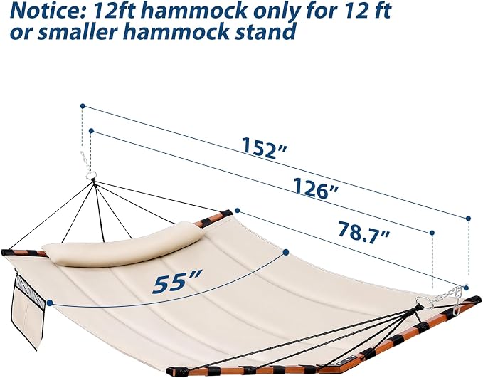 TegerDeger 12FT 2 Person Hammock with V Shaped Hardwood Spreader Bar & Nylon Rope for Outside, Patio, Garden, Backyard, Beach, Poolside, 450LB Capacity, 55in x 79in - Beige - Image 6