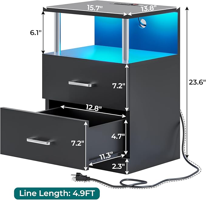 VIAGDO Black Nightstand with Charging Station and USB Ports, LED Night Stand with 2 Drawers, Modern End Side Tables with Open Storage, Bedside Tables for Bedroom, Office - Image 2