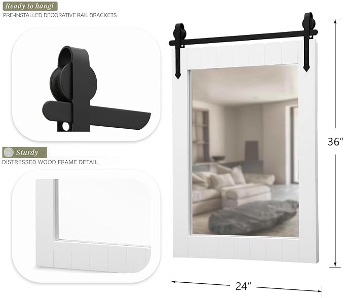 Besdomus Rustic Bathroom Farmhouse Mirror: 24"x36" White Western Barn Door Solid Cedar Wood Frame Vanity Mirror - Wall Mounted for Bathroom/Hallway/Living Room - Rustic Decor for Fashion-Conscious - Image 9