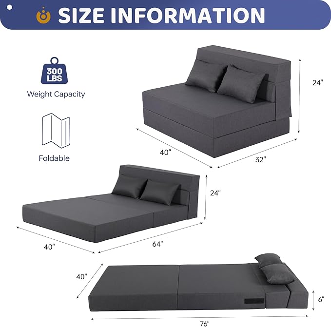 Folding Sofa Bed, Foldable Sleeper Chair with Pillow, Convertible Fold Out Chair Bed with Washable Cover, Foldable Mattress for Living Room, Bedroom, Guest Room, Single Size, Dark Grey