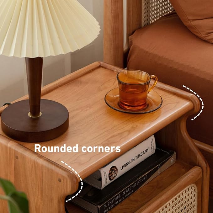 Cherry Wood Night Stand with Drawer, Rattan Nightstand, Wooden Side Table, 19.3" H Bedside Table with Open Shelf, Small Nightstand for Bedroom - Image 5