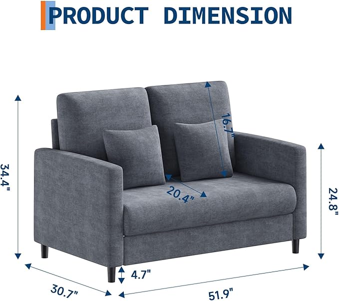Garvee Loveseat Sofa, 52" Love Seat for Small Spaces, Mid Century Sofa Accent Chair, Solid Wood Frame, Tool-Free Assembly, Comfy Sofa Couch for Bedroom, Living Room, Blue Gray