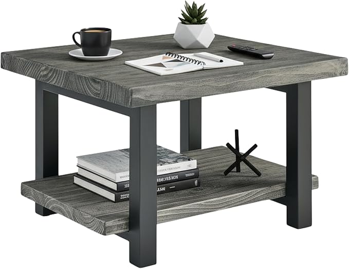 Alaterre Furniture Pomona Living Room Tables – 27 Inch Square Solid Wood Coffee Table with Metal Legs – Modern Rustic Industrial Small Space Table (Slate Grey)