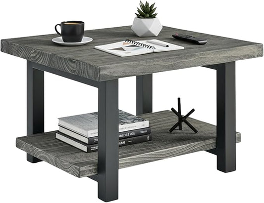 Alaterre Furniture Pomona Living Room Tables – 27 Inch Square Solid Wood Coffee Table with Metal Legs – Modern Rustic Industrial Small Space Table (Slate Grey)
