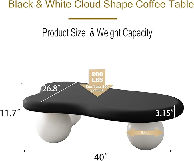 40” Cloud Coffee Table with 3 Ball Legs, Modern Irregular Center Table for Living Room, Low Cute Small MDF Tea Table for Bedroom, Space Apartment-Black White