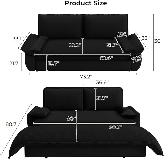 3 in 1 Convertible Sleeper Couch, Queen Full Size Loveseat Pull Out Sofa Bed, Futon Velvet Lounge Sofa with Pillows for Living Room, Bedroom, Apartment, Office, Black