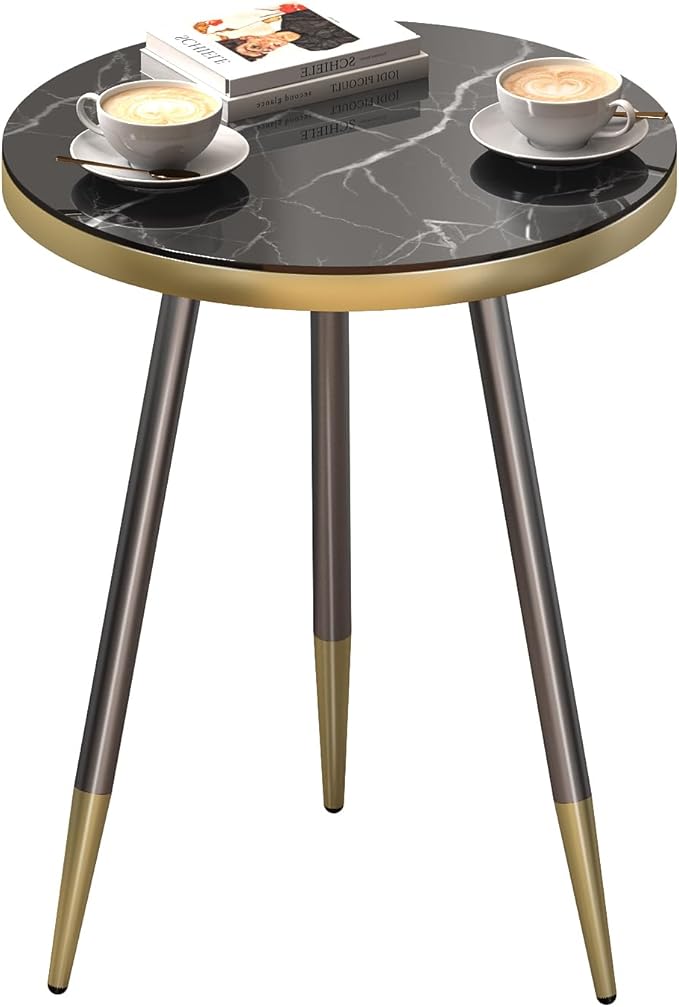 Round Coffee Table for Living Room, Bedroom, Balcony - 21.7" x 19.7" Space-Saving Black Marble-Textured Top, Sturdy Metal Frame with Black & Gold Finish | Premium Baked Paint, Easy Assembly