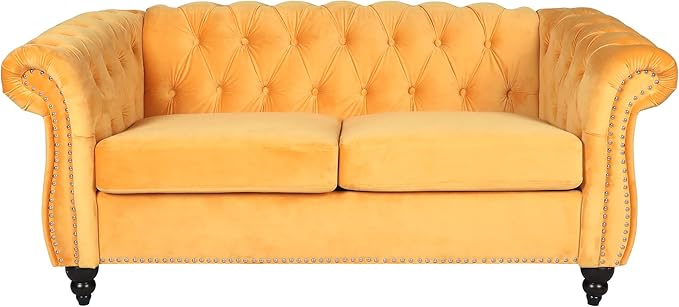 LEVNARY Velvet Sofa, Chesterfield Tufted Upholstered 2 Seater Couch, Modern Loveseat Couch Classic Furniture for Living Room Bedroom (Yellow)