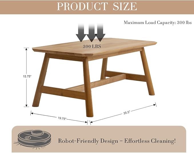 CIMOTA Coffee Table, Mid-Century Modern Rectangular Center Table, Solid Natural Wood Tea Table for Living Room, Light Wood Finish, 35.5" x 20"