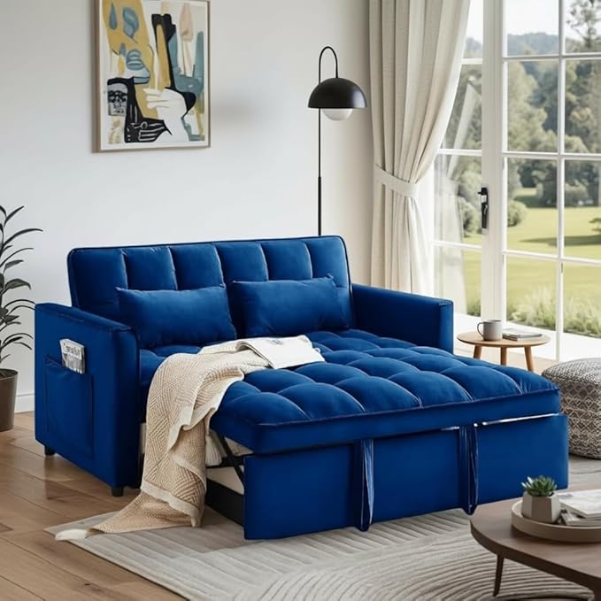 Convertible Sofa Bed, Pull Out Couch with Side Pockets, 3 in 1 Velvet Fabric Loveseat Sleeper Sofa Bed, Pull Out Couch with Adjustable Backrest for Living Room, Bedroom, Apartment, Blue