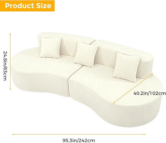 Modern Curved Sectional Sofa Couch 95" Beige - Cloud Fleece Upholstered 4-Seater Modular Boneless Couches for Living Room, Office, Apartment