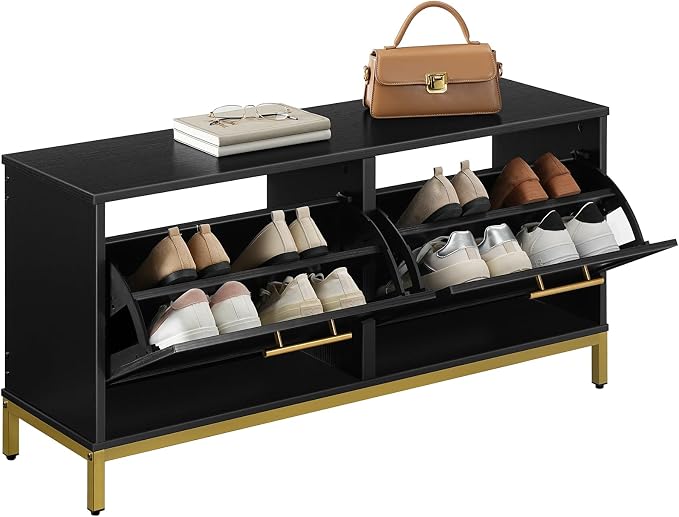HOOBRO Shoe Bench with Storage, Shoe Storage Bench with 2 Flip Drawers, 39.4" Shoe Cabinet with Bench, Hidden Shoe Rack Organizer for Entryway, Foyer, Hallway, Mudroom, Black and Gold DB48HX01 - Image 10