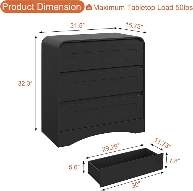 32" Large Night Stand, 3 Drawer Nightstand with Spacious Drawers, Pre-Installed Slides, Wood Bedside Table, Modern End Table, Curved Nightstand for Bedroom Sofa Couch Office, Black - Image 2
