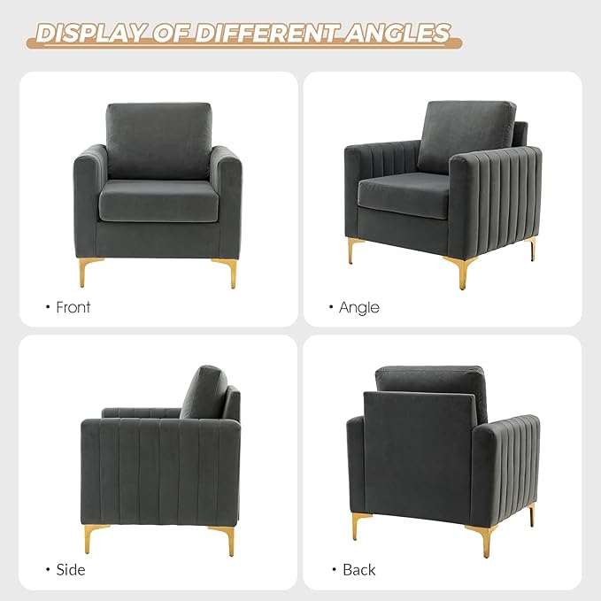 HULALA HOME Velvet Accent Club Chairs Set of 2, Modern Velvet Armchair Upholstered Accent Club Chairs Sofa Chairs with Gold Metal Legs Mid-Century Barrel Leisure Comfy Reading Armchair, Grey