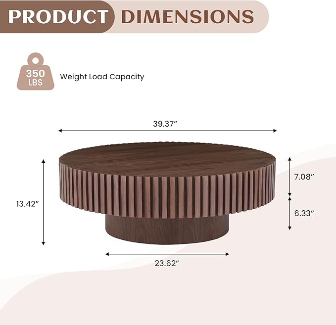 39.37" Round Wood Coffee Table, Modern Unique Circle Coffee Table, Contemporary Drum Fluted Accent Side Table Center Table for Living Room, Office, Apartment, Walnut