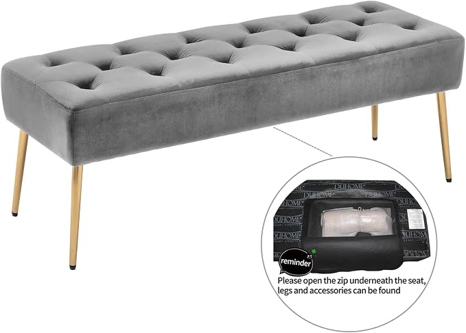 DUHOME Modern Velvet Ottoman Bench, Button-Tufted Upholstered Bedroom Benches,End of Bed Bench with Gold Base for Entryway Living Room Dining Room, Grey - Image 6