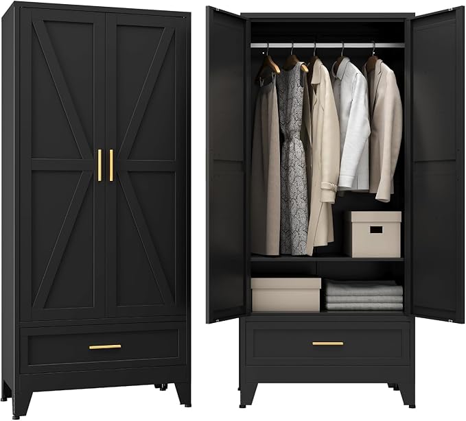 Metal Wardrobe Cabinet, 71" Tall Armoire Wardrobe Closet with Drawer,Hanging Rod and Adjustable Shelf, Farmhouse Clothing Storage Cabinet for Bedroom, Laundry
