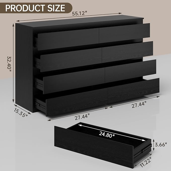 OtterOasis Black Wood Dresser for Bedroom, 8 Drawer Dressers for Clothes Storage, Modern Dresser with Wide Drawers, Wide Wooden Chest Drawers for Living Room|Entryway|TV Stand(55" W x15.4 Dx32.3 H) - Image 2