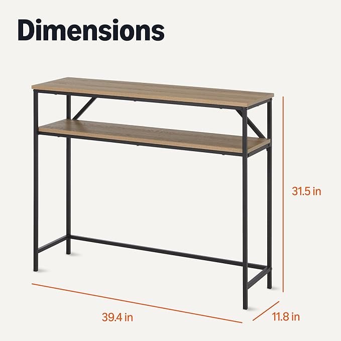 Amazon Basics Rectangular Console Table with Storage Shelf, Steel Frame, Oak Finish, 39.4"W x 31.5"H x 11.8"D
