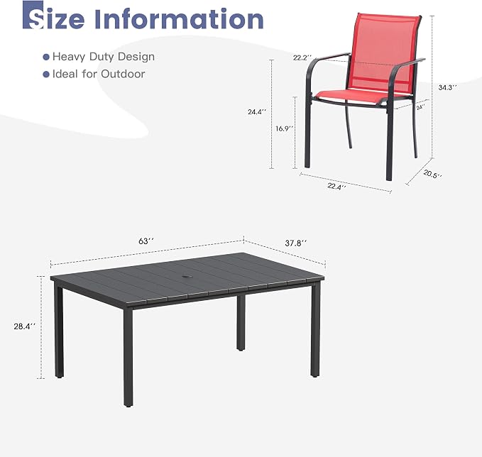 VICLLAX 7 Pieces Patio Dining Set, Patio Furniture Set of 6 Patio Stackable Dining Chairs and Outdoor Metal Table with Umbrella Hole for Backyard Lawn Garden, Red Chairs and Black Table - Image 7