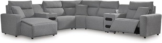 Signature Design by Ashley Modern ModMax II Stain Resistant U-Shape Right-Arm Facing 7-Piece Power Reclining Sectional with Chaise and Adjustable Headrest, Gray