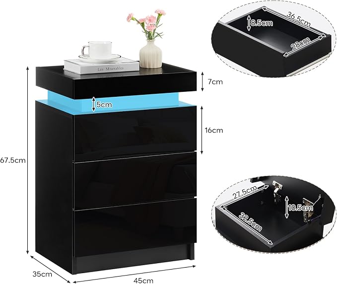 TUKAILAi Modern Nightstands Set of 2 with LED Light, Smart Bedside Table with 3 Drawers and Flip Top Storage Cabinet, High Gloss Side Table End Table for Bedroom (Black) - Image 3