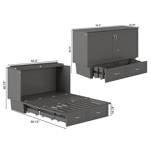 AFI, Chelsea Mid-Century Modern Queen Solid Wood Murphy Bed Chest with 6" Mattress, Storage Drawer & Built-in USB Charger, Grey
