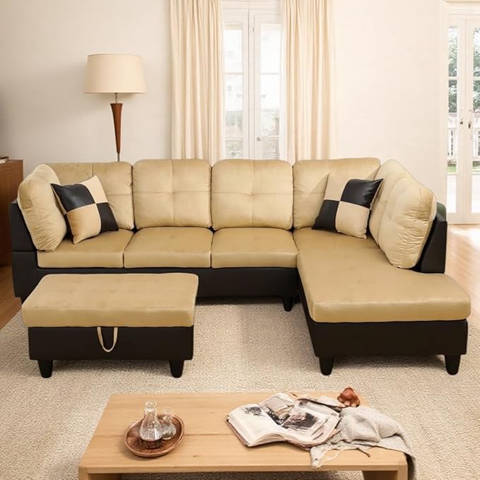 NicBex Modular L-Shaped Sectional Couches, 3-Piece Convertible Couch with Storage Ottoman, 4-Seat Comfy Sofa with Chaise for Living Room & Apartment, Beige + Brown