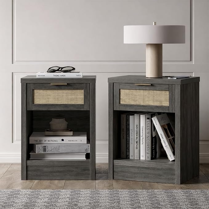 Walsham Night Stand Set 2, Rattan Nightstand with Charging Station, Modern End Table with Drawers, Bed Side Tables Set of 2 for Bedroom Living Room Sofa Couch Office (Midnight Oak) by Walsham