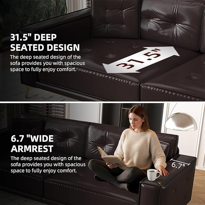 92" 3-in-1 Faux Leather Convertible Sleeper, King Size Pull Out Sofa Bed, 4-Seater Mid Century Modern Tufted Couch with 2 Pillows for Living Room, Apartment, Office (Espresso/Dark Brown) | Leather Sofa Bed, King Pull Out Sofa, Tufted Couch