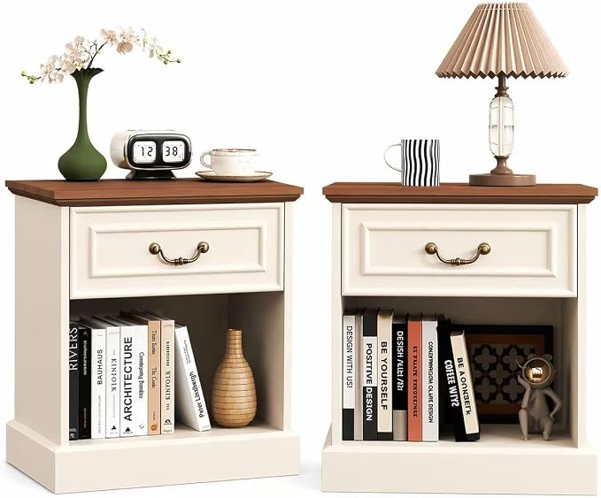 Nightstand Set of 2 with Drawer and Open Shelf, Wooden Bed Side Table for Bedroom, Modern End Table Side Table for Living Room, Small Night Stand Set 2 Furniture for Small Spaces (Beige) by Unknown
