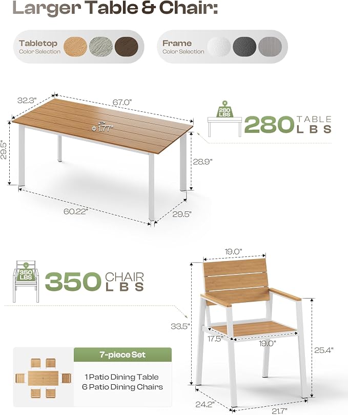 Outdoor Dining Set for 6, Patio Table and Chairs Set with Umbrella Hole, 7 Pieces HDPS + Aluminum Outdoor Furniture Sets for Patio, Garden (White & Teak) - Image 6