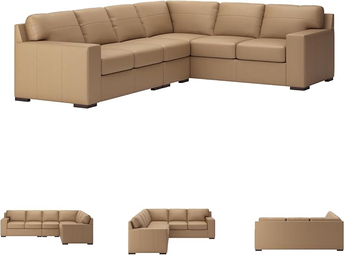 Signature Design by Ashley Bandon Modern Leather Match Right-Arm Facing 3-Piece Sectional with Removable Cushions and Armrest, Light Brown
