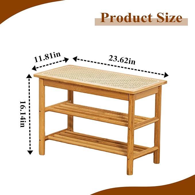 Bamboo Entryway Bench with Woven Rattan Seat, 2-Tier Shoe Storage Bench for Hallway & Entryway 23.62 inches Nature - Image 2