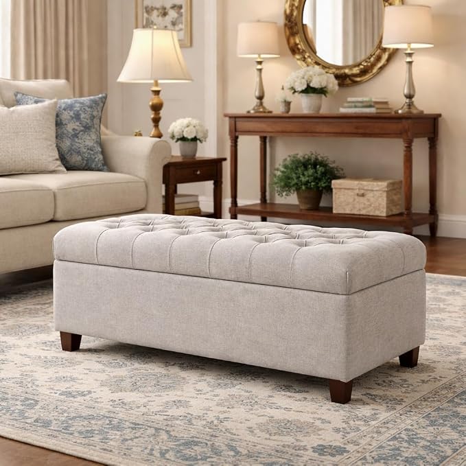 Homepop Home Decor | Tufted Ainsley Button Storage Ottoman Bench with Hinged Lid | Ottoman Bench with Storage for Living Room & Bedroom, Grey - Image 2