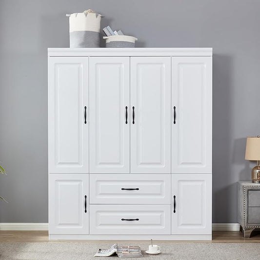 Wooden Armoire Wardrobe Closet：Modern Armoire Wardrobe Closet with 4 Doors, 2 Drawers and Hanging Rods for Tall Cabinet, Large Capacity Clothes Storage Cabinet for Bedroom Home, White