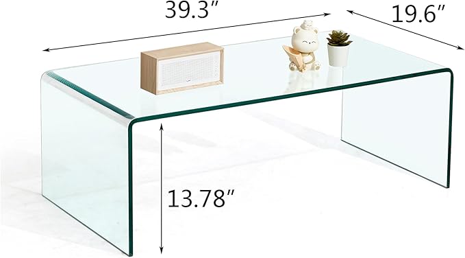 Glass Coffee Table, Modern Clear Coffee Tables for Living Room, Small Rectangle Tempered Glass Table Waterfall Sofa End Tables 39.3" x 19.6" x 13.78"H