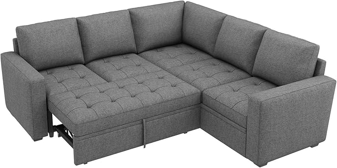 HONBAY Modular Sectional Sofa with Pull Out Bed Convertible L Shaped Couch with Storage Seat Sleeper Sectional Couches for Living Room,Mid Grey