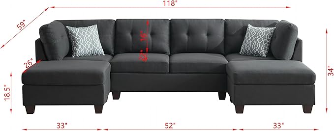 118-Inch Symmetrical Sectional Couch Linen Cloud Cushion Upholstered Sofas, U- Shaped Modular Sectional Sofa with 2 Movable Ottoman Chaise Lounges for Living Room