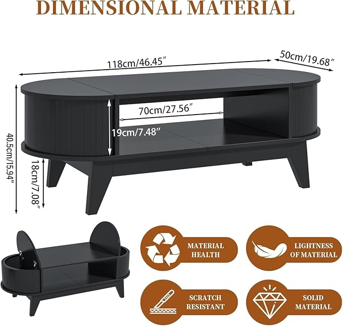 46.45'' Oval Coffee Tables for Living Room, Mid Century Modern Coffee Table with Storage, Wood Fluted Accent Center Table with Flip-Top Lids for Home,Office(Black)