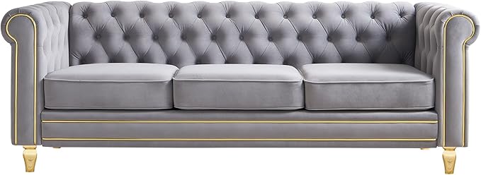KEIKI 85" Chesterfield Velvet Tufted Button Sofa with Deep Seat Cushions and Rolled Arms, Modern 3-Seater Couch Decorated with Gold Strip, Easy Assembly, for Living Room, Bedroom, Office, Light Grey