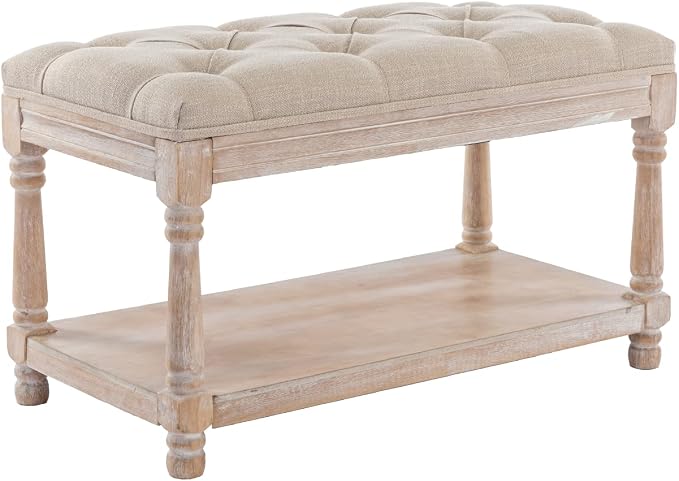 Farmhouse Storage Bench Wooden Entryway Linen Upholstered Ottoman Button Tufted Bench for Bedroom End of Bed Hallway Organizer, Beige, 32 Inch - Image 7
