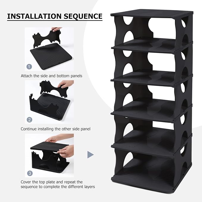 6-Tier Thickened Shoe Rack, Stackable Storage Organizer for Bedroom Entry, Adjustable Rack, Shoe Slots Shelf, Easy Tower Rack, Black - Image 4