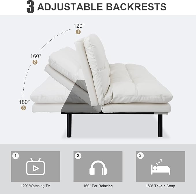 Vipbear Futon Sofa Bed Couch, 71" Convertible Sofa Bed, Space-Saving Loveseat with Adjustable Backrest & Armrest for Living Room,Apartment,Office,White Sleeper Sofa
