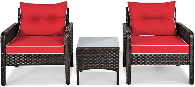 Tangkula 3 Piece Outdoor Patio Furniture Set, Wicker Chairs Set with Glass Top Coffee Table, Thick Cushions, All Weather Garden Lawn Poolside Backyard Porch Furniture Set for 2 (Red)