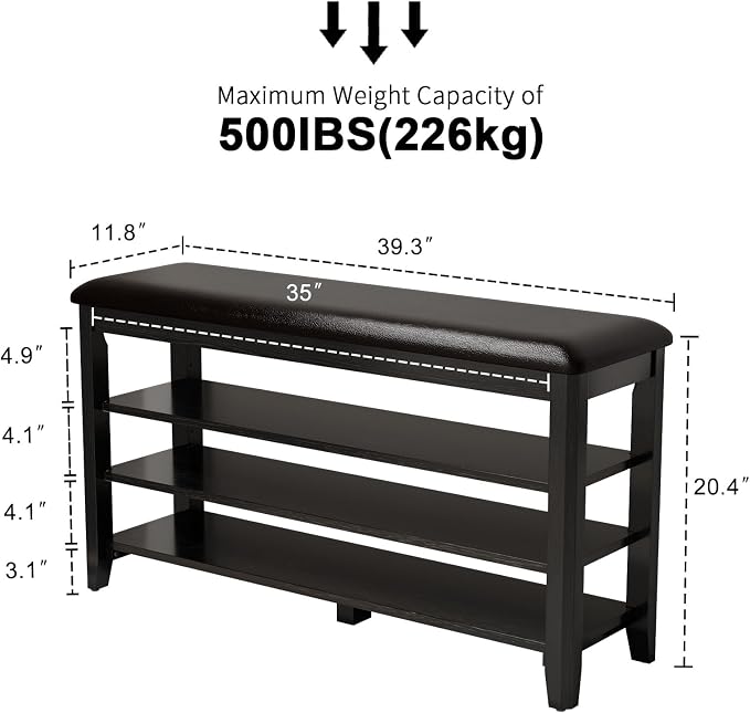 AQIMUELE Shoe Bench with Leather Cushion, 3 Tiers Shoe Storage Bench Height Adjustable, Walnut Wood Entryway Bench for Hallway, Mudroom - Image 2