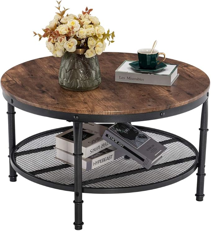 VINGLI Round Coffee Table with Storage - 31.5" Rustic Farmhouse Design, Industrial Style with Metal Shelf