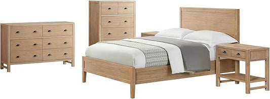 Arden 5-Piece Bedroom Set - Queen Bed, Two 2-Drawer Nightstands with Open Shelf, 5-Drawer Chest, 6-Drawer Double Dresser, Solid Pine Wood, Light Driftwood Finish, Modern Rustic Style