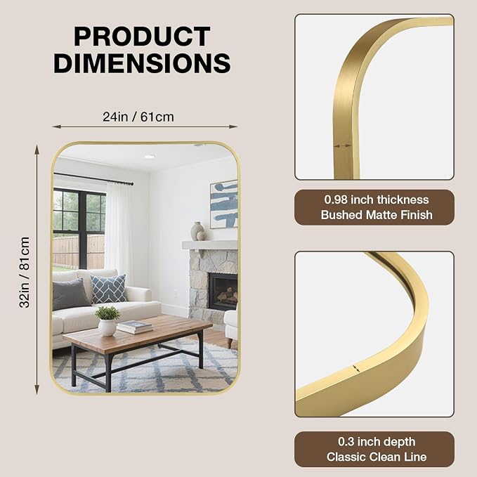 24x32 Inch Bathroom Mirrors for Over Sink, Brushed Gold Rectangle Mirror for Bathroom or Entryway, Wall Mounted Vanity Mirror with Aluminum Alloy Frame & Tempered Glass, Hangs Horizontally/Vertically - Image 5